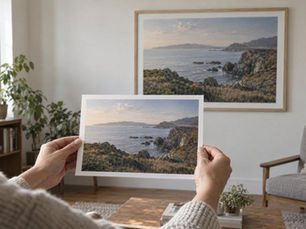 Hands hold a small coastal landscape print while the same view hangs as a larger framed print across a living room.