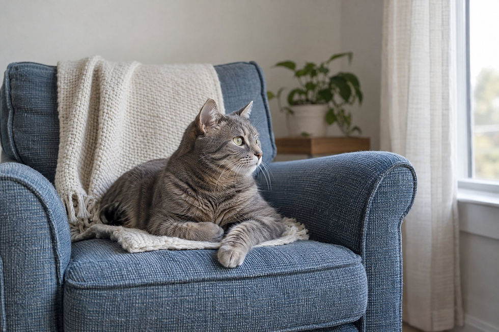 A gray tabby cat rests in a blue armchair with a cream knit throw and looks toward a window.