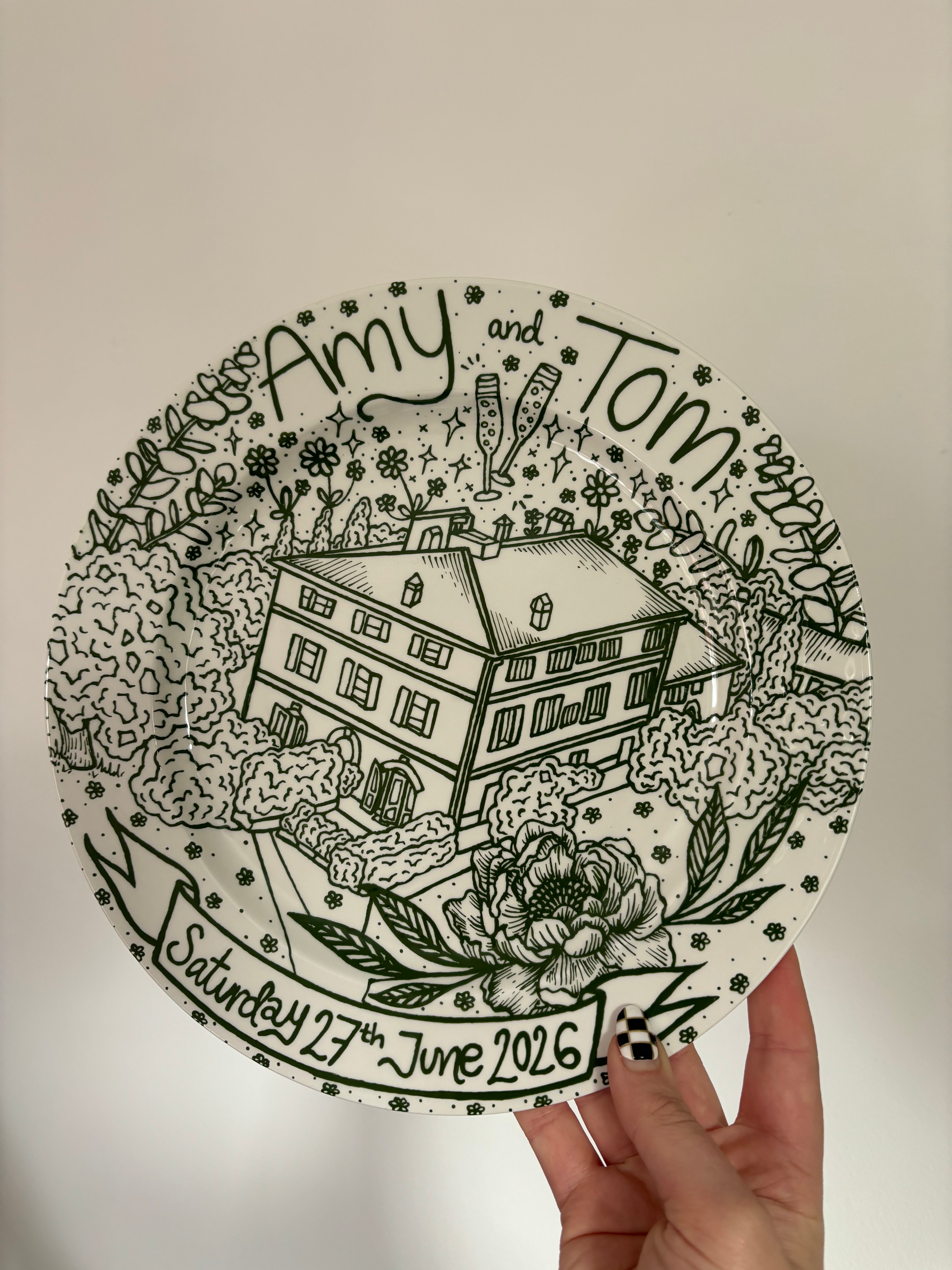 Custom Ceramic Illustration / 27cm rimmed round plate /  Amy and Tom
