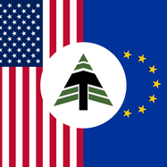 The Turman Group logo centered between a split background of the US and EU flags, symbolizing the US wood industry caught in the middle of the EUDR conflict.