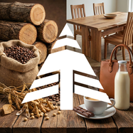 Split collage illustrating the EU Deforestation Regulation (EUDR) supply chain. The left side displays raw relevant commodities including timber logs, soybeans, and coffee beans. The right side shows finished compliant products including a wooden dining table, leather handbag, and chocolate. The Turman Group logo is overlaid in the center to symbolize compliance authority.