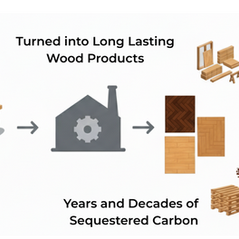 Diagram showing carbon locked in lumber being manufactured into long-lasting wood products like flooring, furniture, pallets, and log homes, extending carbon sequestration for years and decades.