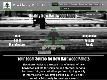 Screenshot of Blackberry Pallet's website. With pallet machine video banner, company logo, and the words "Quality New Hardwood Pallets. Your Local Manufacturer. Responsive, reliable, ready.