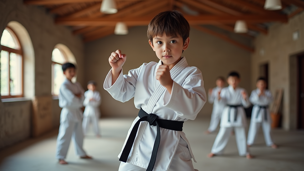 Close-up view of a martial arts class with a focus on a child practicing a kick