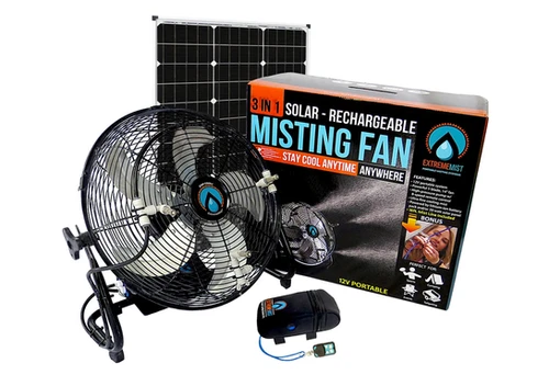3-n-1 Portable Misting Fan w/ Solar Panel, Mist Pump & 16ft Mist