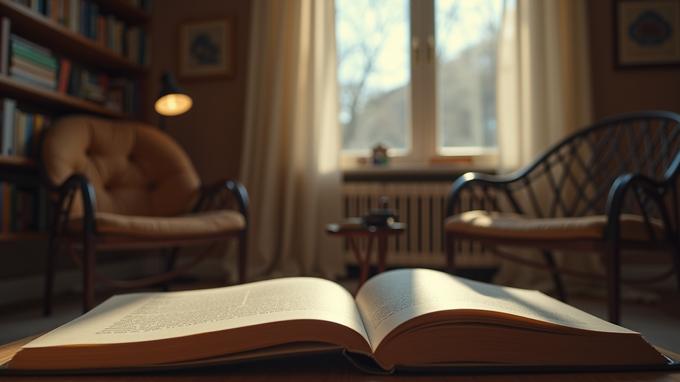 Eye-level view of a cozy reading nook with a stack of books