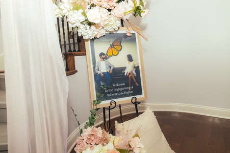 a welcome sign for the engagement of abhinvarya and raghav