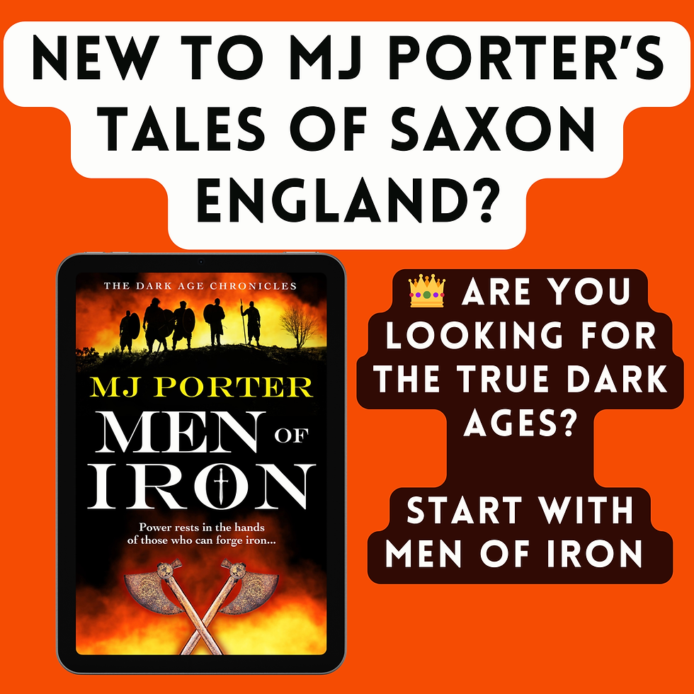 Image shows the book cover for Men of Iron by author MJ Porter, image shows a band of fighting warriors, and two axes, crossed over, on a fiery background.