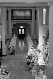 White and dusty pink floral backdrop installation, State Library Victoria wedding