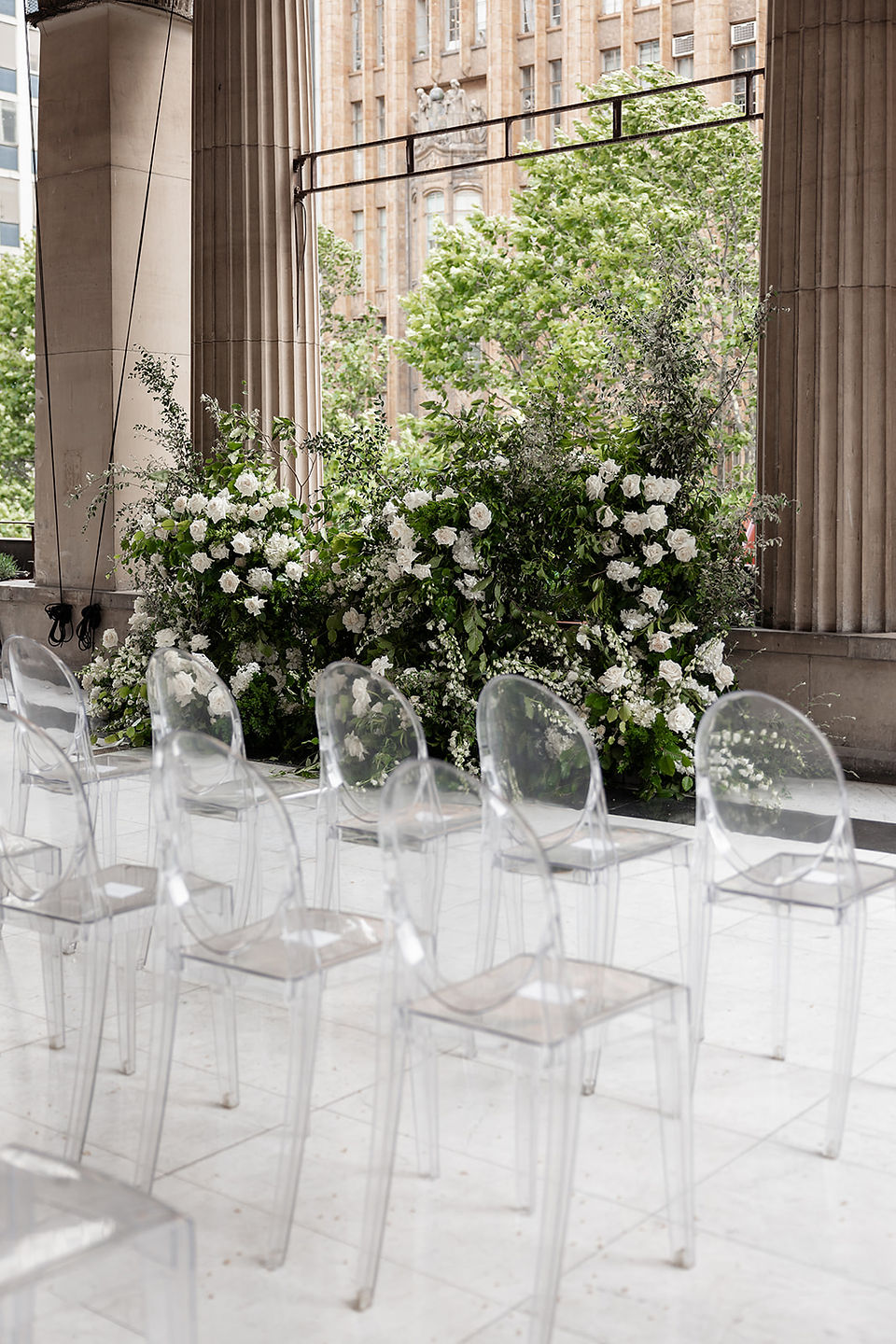 Classic green and white ceremony installation at Portico balcony Town Hall melbourne