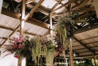hanging floral installation with Amaranthus hydrangea and roses