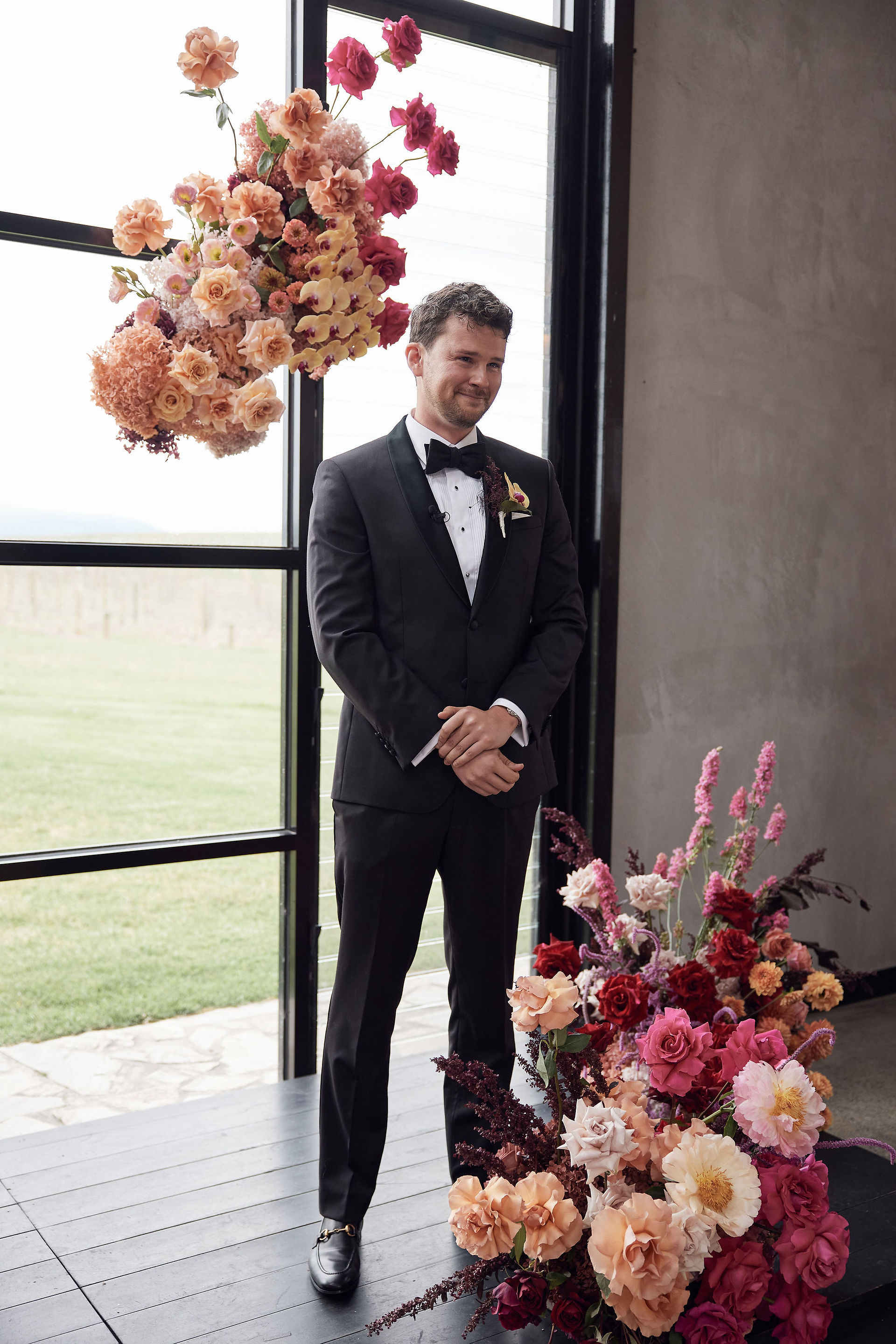 groom waiting for his bride for colourful Zonzo wedding in the Yarra Valley