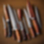 A variety of kitchen knives laid out on a wooden surface