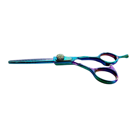 Closed pair of Bonika Poison Ivy Hair Stylist Thinning Scissors lying flat