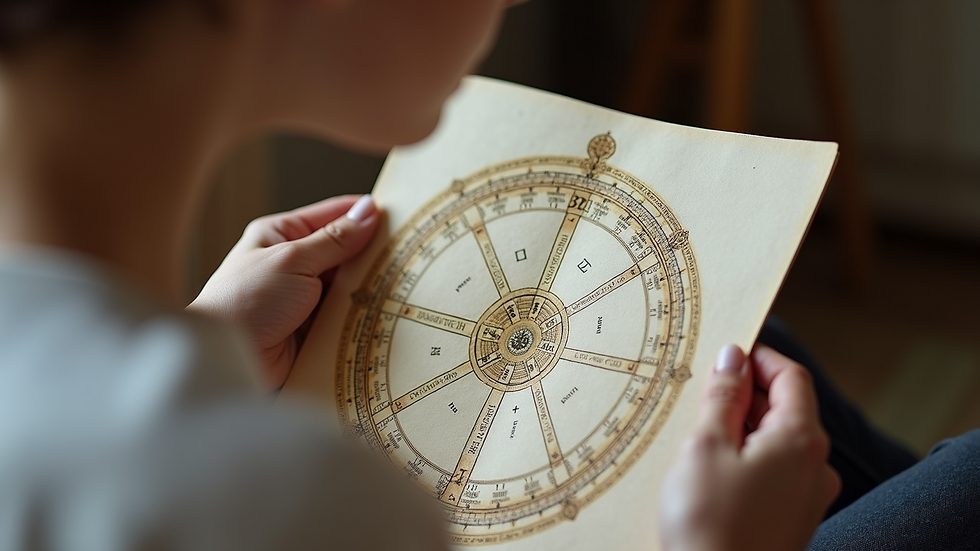 Close-up view of a person holding a birth chart and astrological tools