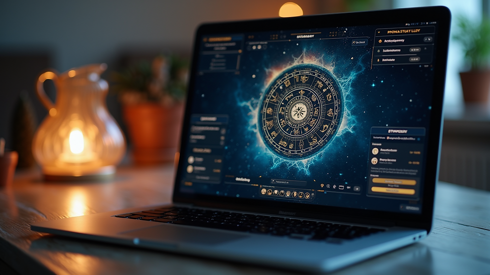 High angle view of a laptop screen displaying an astrology software interface