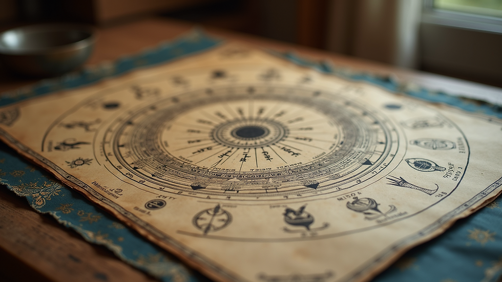 Eye-level view of an astrology chart with zodiac signs and planetary symbols