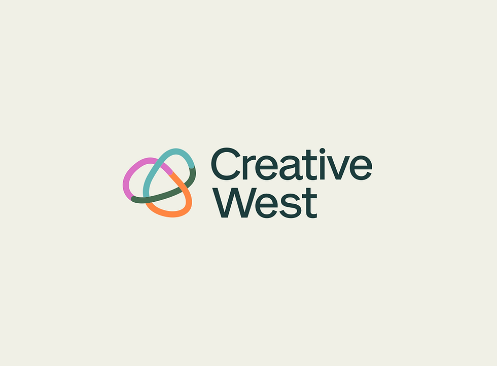 A logo for Creative West with their name in script with an multi-colored image of three tear dropped
