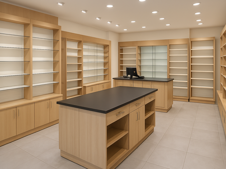 Intérieur d’un commerce moderne avec mobilier professionnel en bois clair, comptoir design et étagères bien agencées