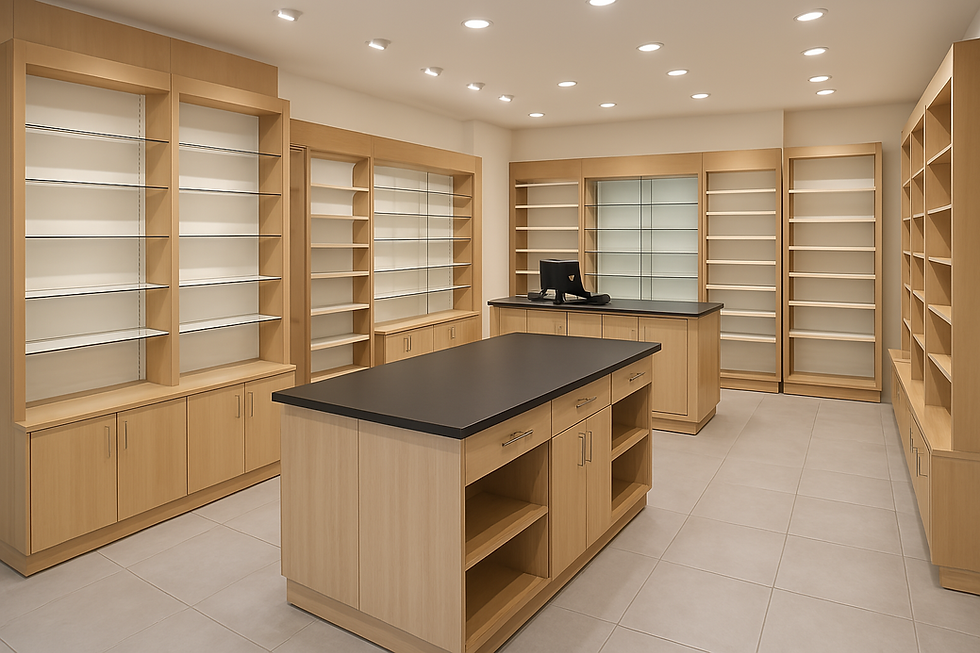 Intérieur d’un commerce moderne avec mobilier professionnel en bois clair, comptoir design et étagères bien agencées