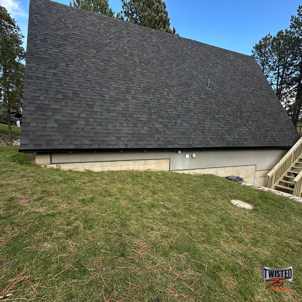 Roof of a house with black gutters