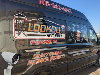 Lookout Security van with text and logo, Smart Home & Business Security, Spearfish, SD.