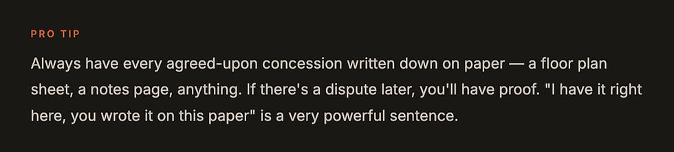 Pro tip on black slide advising to write agreed concessions on paper for proof later.