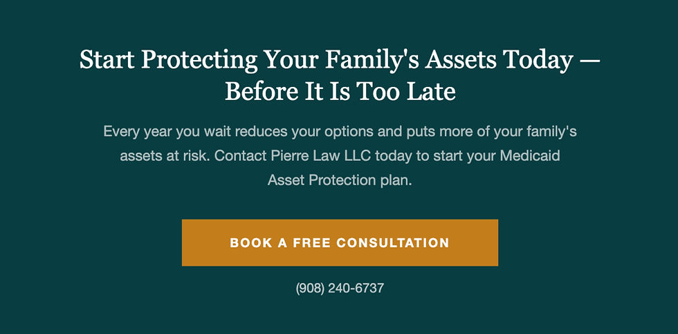 Teal law ad urging asset protection, with headline, Pierre Law LLC mention, orange Book a Free Consultation button, and phone number.