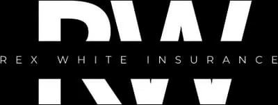 Black and white logo with bold "RW" letters. Below, "Rex White Insurance" is written in uppercase. Minimalistic and professional design.