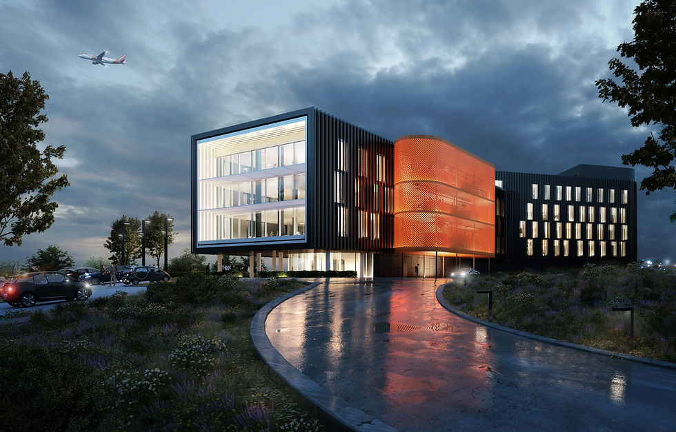 Rendered image of a new corporate office structure