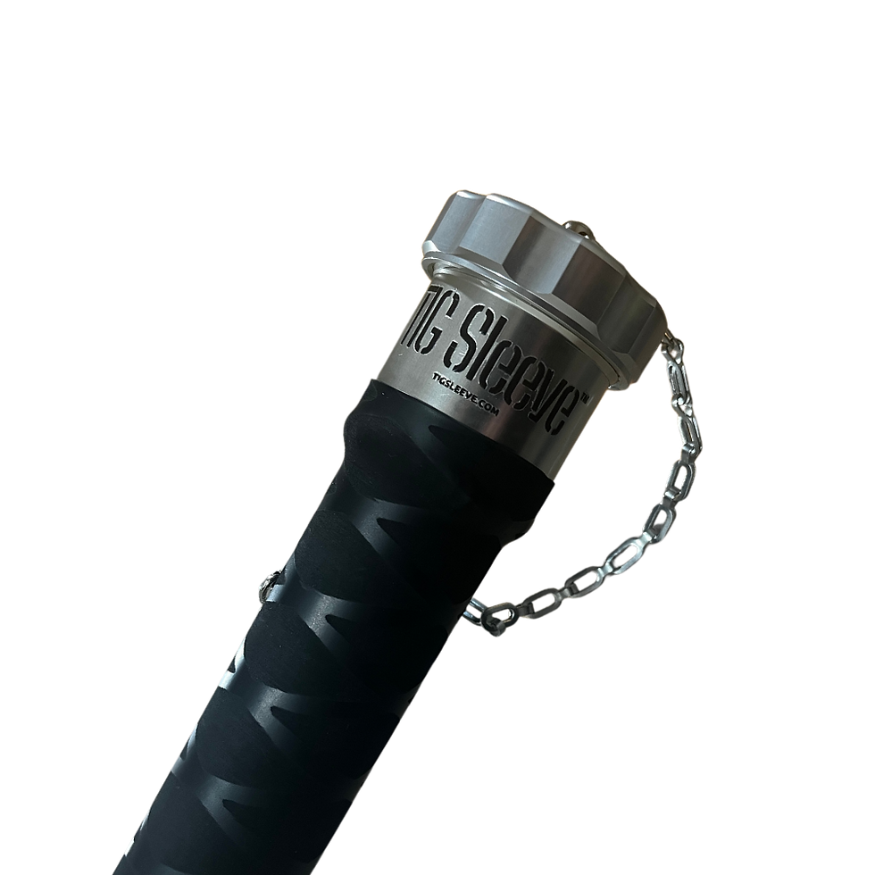 Minijatura: Close-up of the top section of the black TIGSleeve™ storage tube, featuring a clear anodized aluminum finish and a safety chain to keep the cap securely attached when unscrewed.