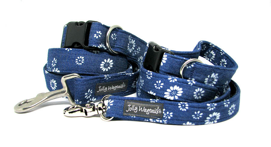 Thumbnail: Daisies on Denim - Dog Collar, Leash or Bow $15 - 48