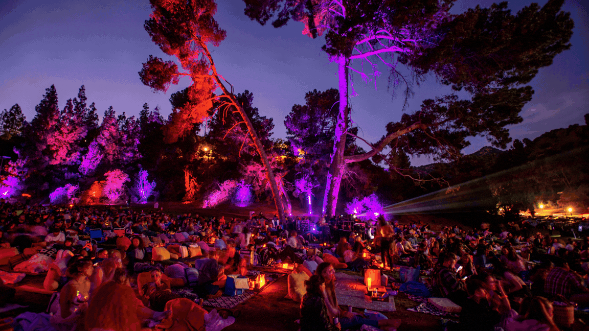 Crowd seated on blankets at an outdoor night concert, trees lit in purple and red, with warm lantern glow and searchlights at Cinespia