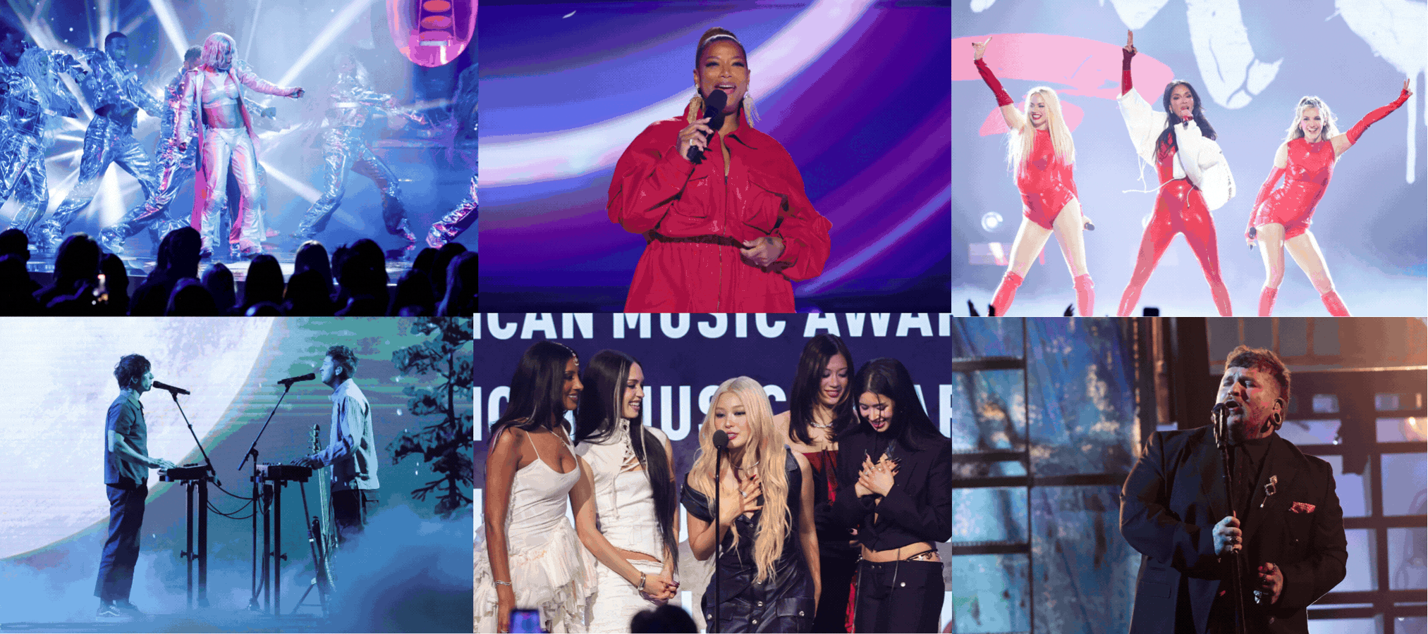 Six music performers on colorful stages, singing and dancing under bright lights, with audience silhouettes and award show text.