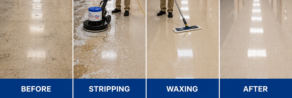 VCT floor before and after professional stripping and waxing, showing the floor during stripping and waxing stages