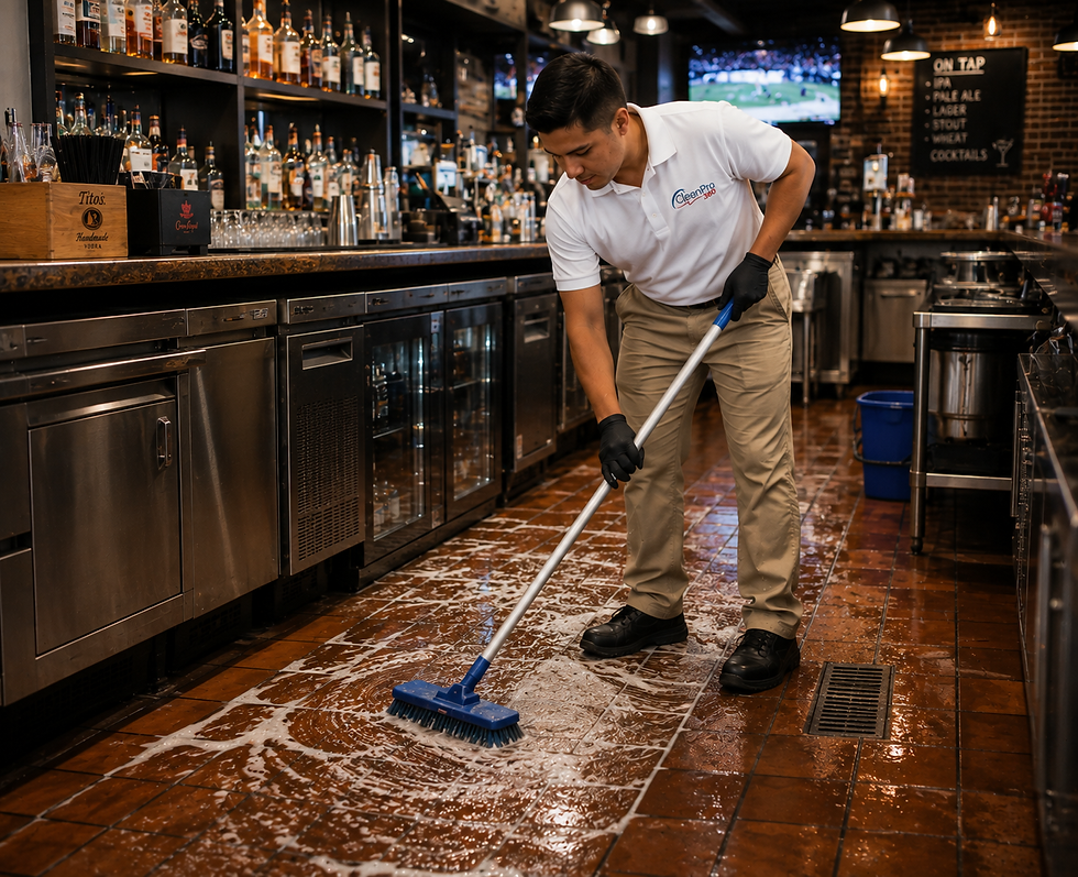 CleanPro 360 employee scrubbing a restaurant bar floor with a soapy degreaser to remove grease and buildup.