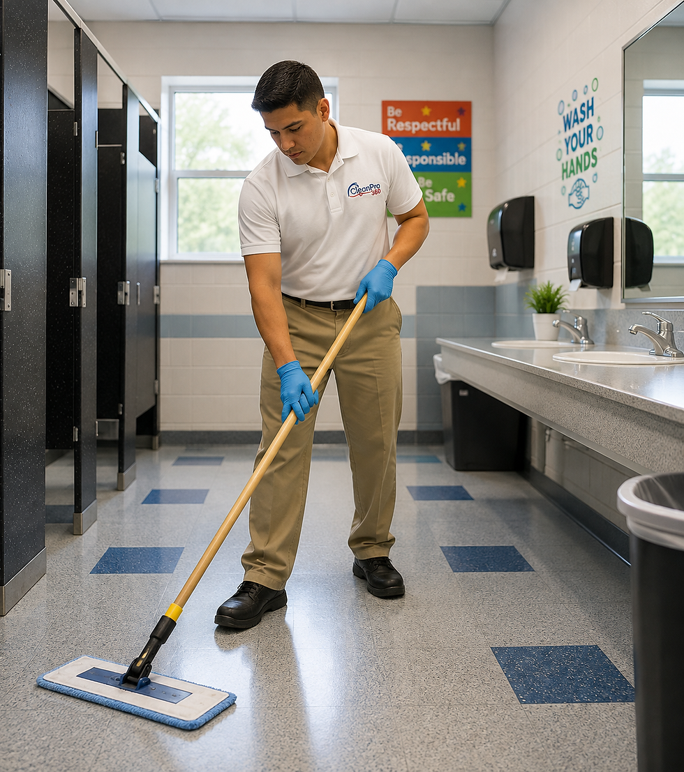 CleanPro 360 employee flat mopping a restroom floor in a school facility