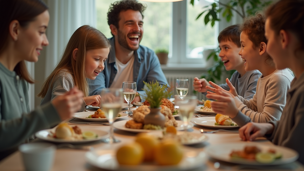 Close-up view of a family gathered around a table sharing a meal