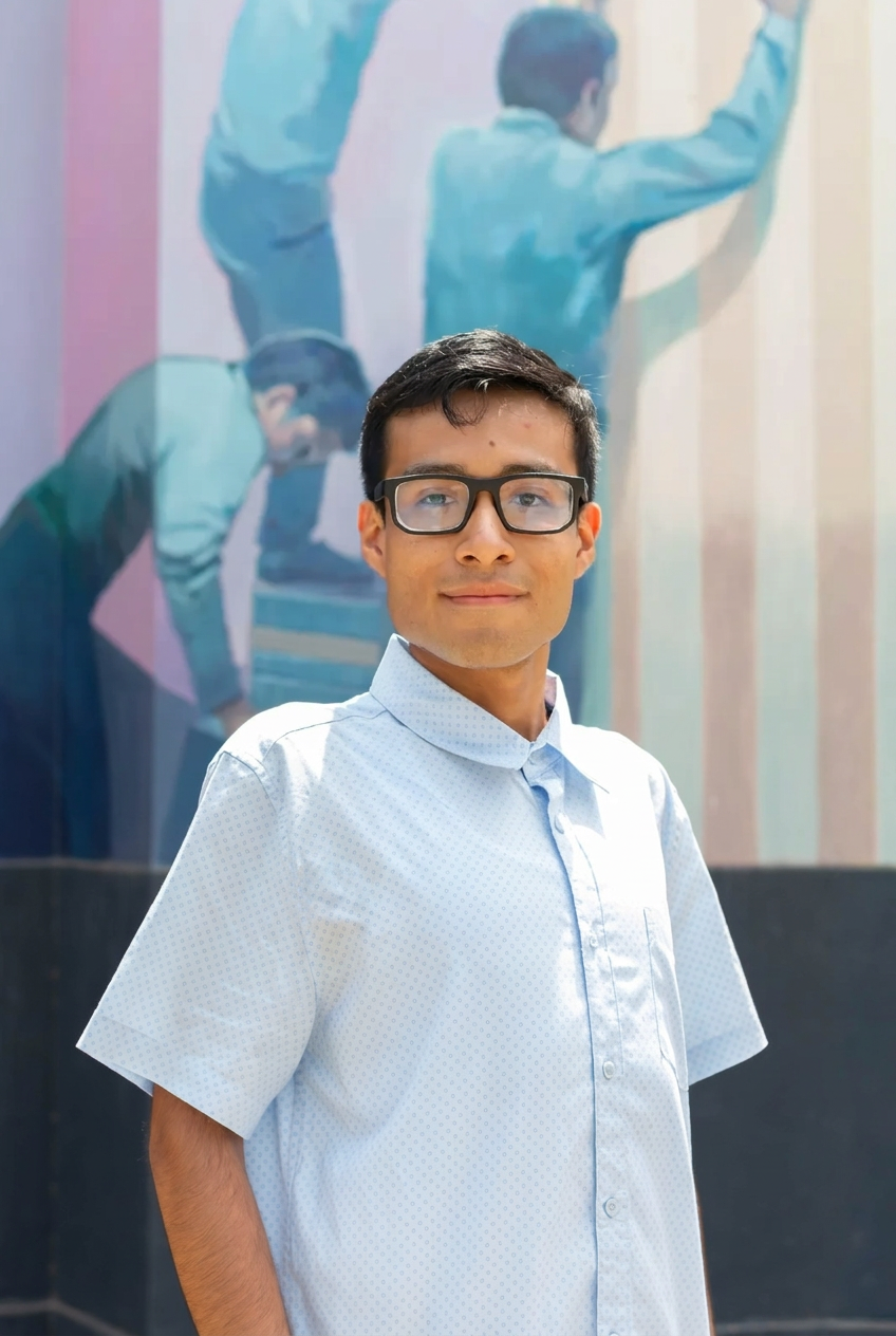 Portrait photography of a young man wearing glasses and a light blue dress shirt. He is posed against a mural with soft, pastel-colored abstract geometric designs.