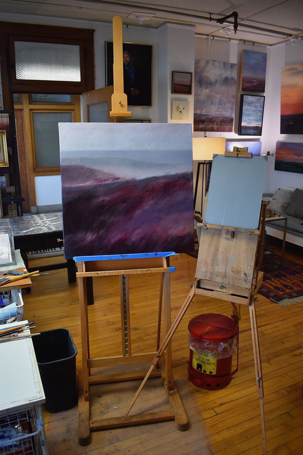 Matheny's easel, with her palette placed vertically next to her working surface