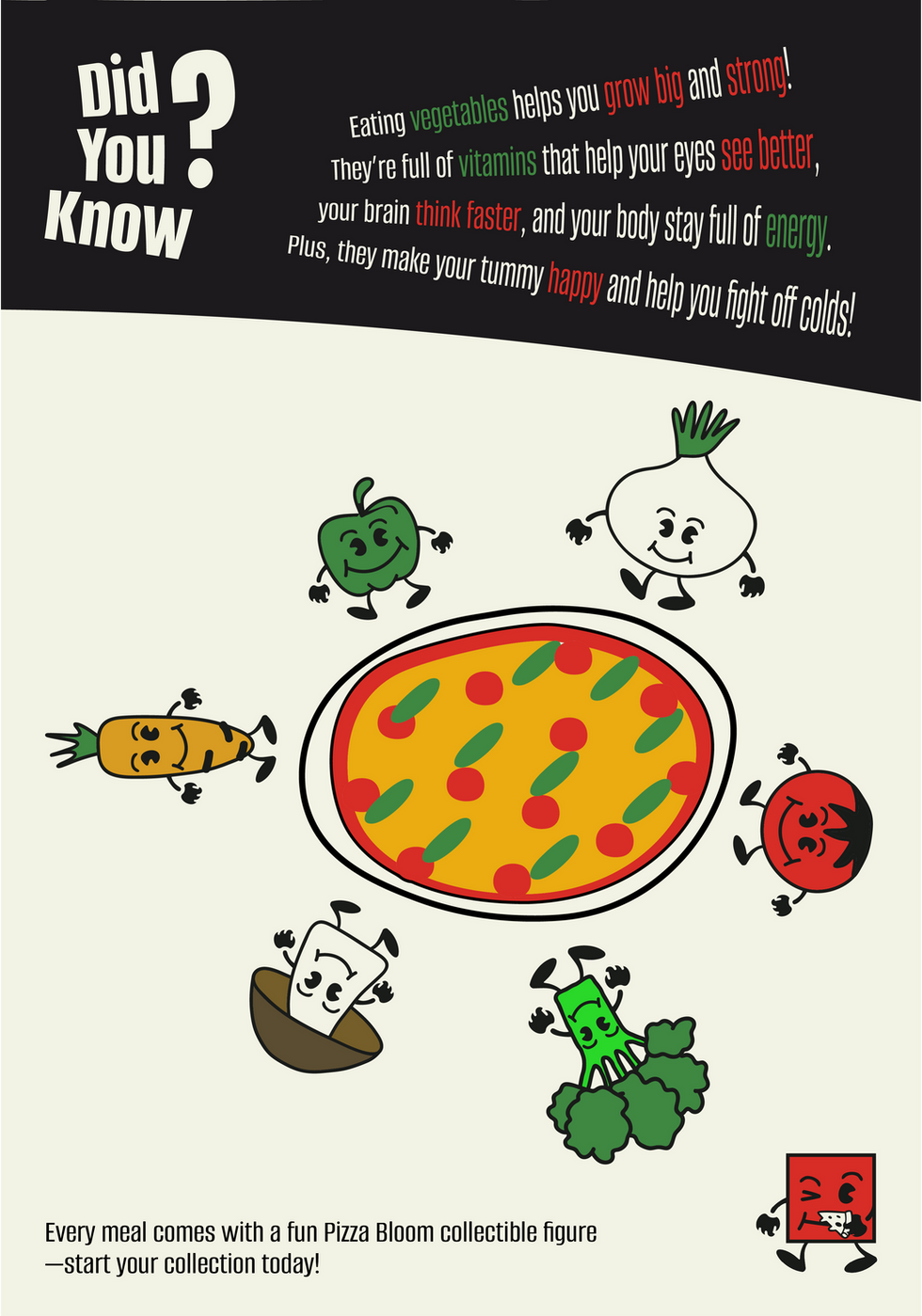 kids menu design of pizza bloom - a cartoon drawing of vegetable characters staying around a pizza