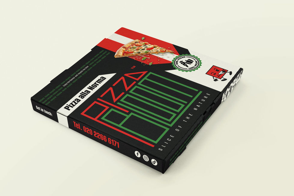 mockup design of a pizza bloom delivery box that says pizza alla norma on it
