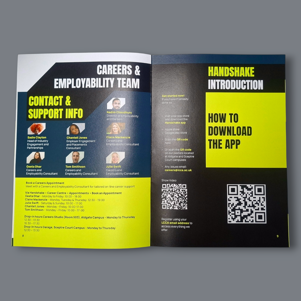Brochure design, Graphic design, vikdesign, LCCA, London, College, Career Development Week