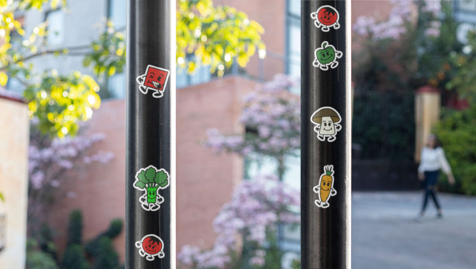 mockup design of bunch of stickers on a pole including broccoli carrots and tomatoes
