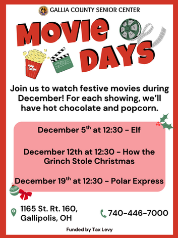 Join us to watch festive movies during December! For each showing, we'll have hot chocolate and popcorn. 
December 5th at 12:30 - Elf
December 12th at 12:30 - How the Grinch Stole Christmas
December 19th at 12:30 - Polar Express
Funded by tax levy. Address: 1165 St. Rt. 160 Gallipolis, OH 45631
Phone: 740-446-7000.