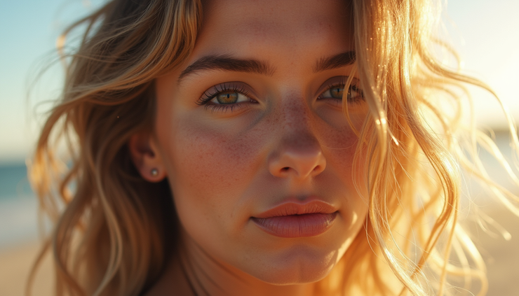 Eye-level view of a woman with soft beach waves and sun-kissed highlights