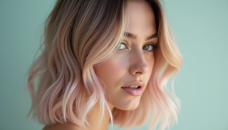 Close-up view of a vibrant balayage hairstyle with soft pastel tones
