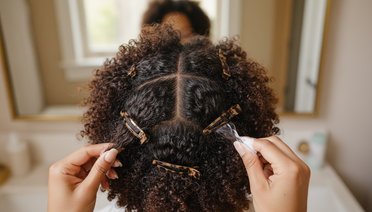 Overhead view of curly hair divided into neat styling sections.