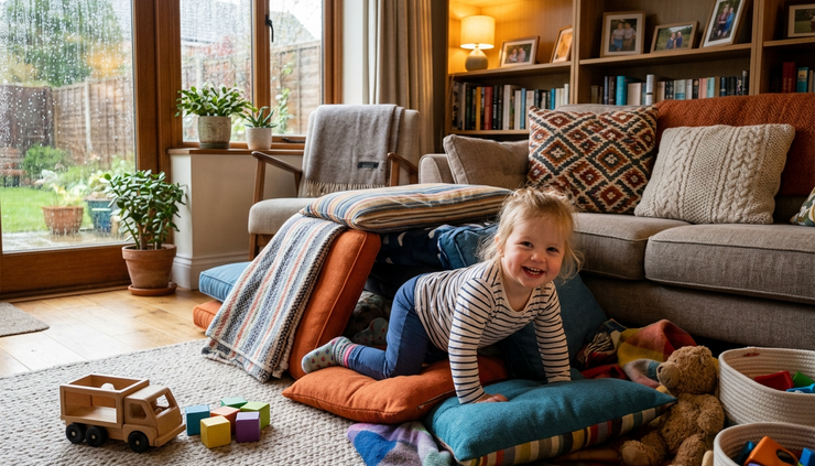 Wide-angle view of a toddler playing on a soft indoor obstacle course.