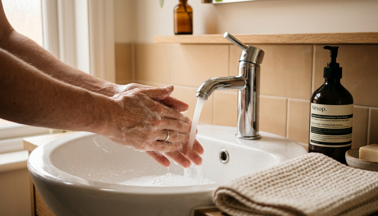 Close-up view of hands washing with soap under warm running water.
